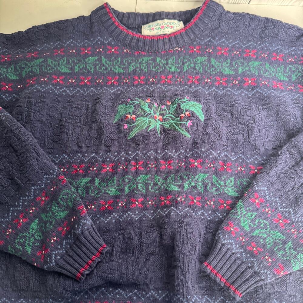 Vintage 90s Chelsea Gardens Floral Sweater Blue Lg Cottage Garden Granny USA